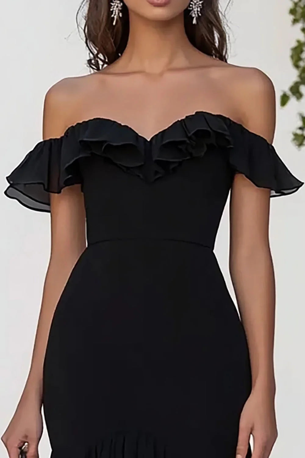 Black Chiffon Off the Shoulder Long Mermaid Full Of Charm Evening Dresses